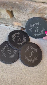 Set of 4 Slate Drink Coasters | Engraved Coasters | Custom Wedding Gift | Personalized Housewarming Gift Set | Monogram Stone Coasters