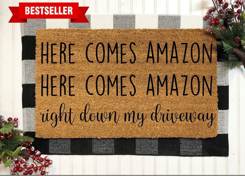 Here Comes Amazon Doormat, Door Mat, Christmas Decorations, Christmas Doormat, Christmas Decor, Funny Christmas Gift, Funny Door Mat, Gifts
