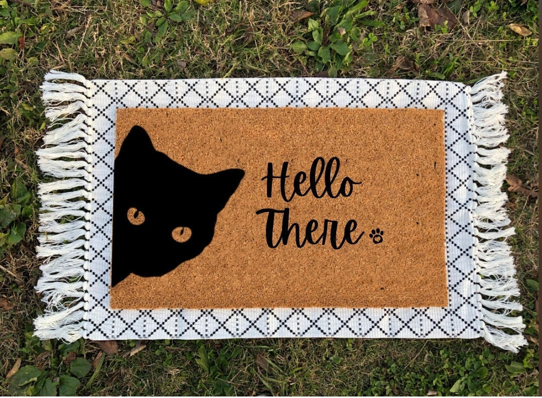 Black Cat Hello Doormat | Cute Peeking Cat Doormat | Housewarming Gift | Welcome Mat | Funny Door Mat | Closing Gift | Cat Doormat | Bombay