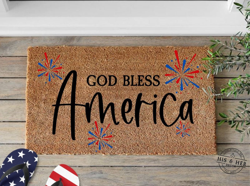 God Bless America Doormat | 4th Of July | Patriotic Doormat | Firework Doormat | 4th Of July Decor | Outdoor Rug | Outdoor Decor | Door Mat