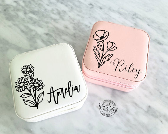 Personalized Jewelry Case | Christmas Gifts | Custom Jewelry Box | Travel Jewelry Case | Birth Flower Month Jewelry | Gift For Her | Jewelry