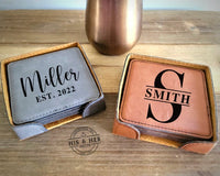 Set of 6 Leather Engraved Coasters | Coasters Personalized | Coaster Set | Leather Coasters | Monogram Initial Coaster Gift | Drink Coasters