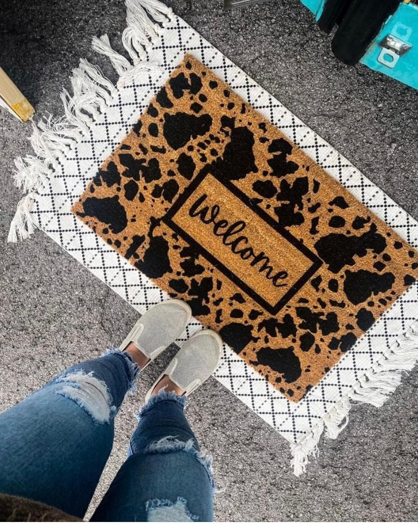 Boho Cow Print Doormat | Boho Decor | Cow Print | Boho Rug | Welcome Front Door Mat | Outdoor Porch Decor | Welcome Doormat | Home Gifts