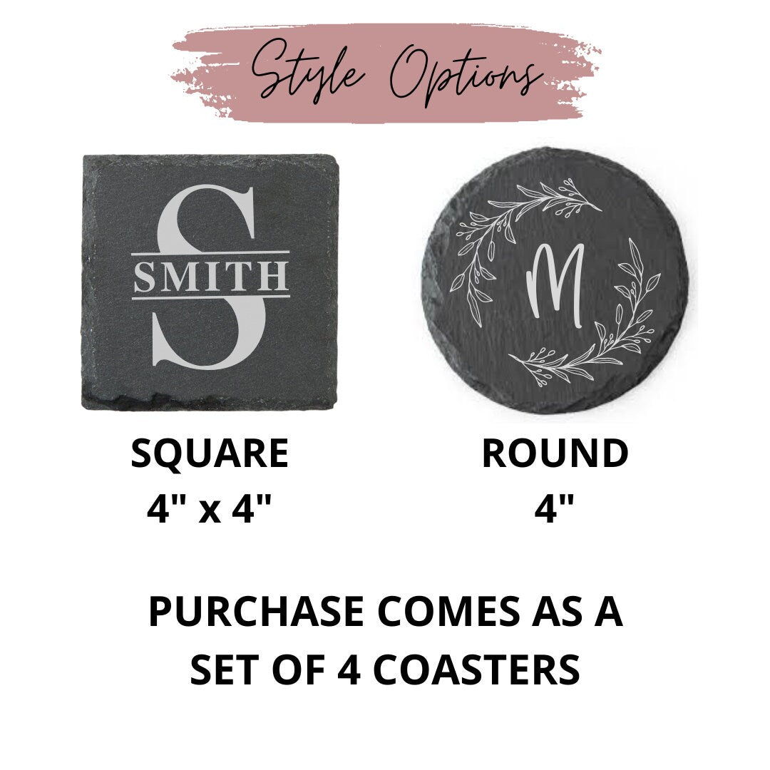 Set of 4 Slate Drink Coasters | Engraved Coasters | Custom Wedding Gift | Personalized Housewarming Gift Set | Monogram Stone Coasters