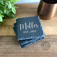 Set of 4 Slate Drink Coasters | Engraved Coasters | Custom Wedding Gift | Personalized Housewarming Gift Set | Monogram Stone Coasters