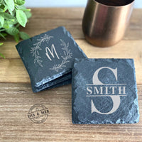 Set of 4 Slate Drink Coasters | Engraved Coasters | Custom Wedding Gift | Personalized Housewarming Gift Set | Monogram Stone Coasters