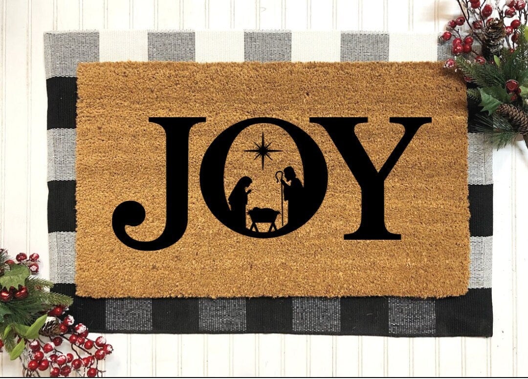 Joy Nativity Scene Doormat | Christmas Decoration | Baby Jesus In A Manger | Holiday Doormat | Christmas Decor | Joy To The World | Door Mat