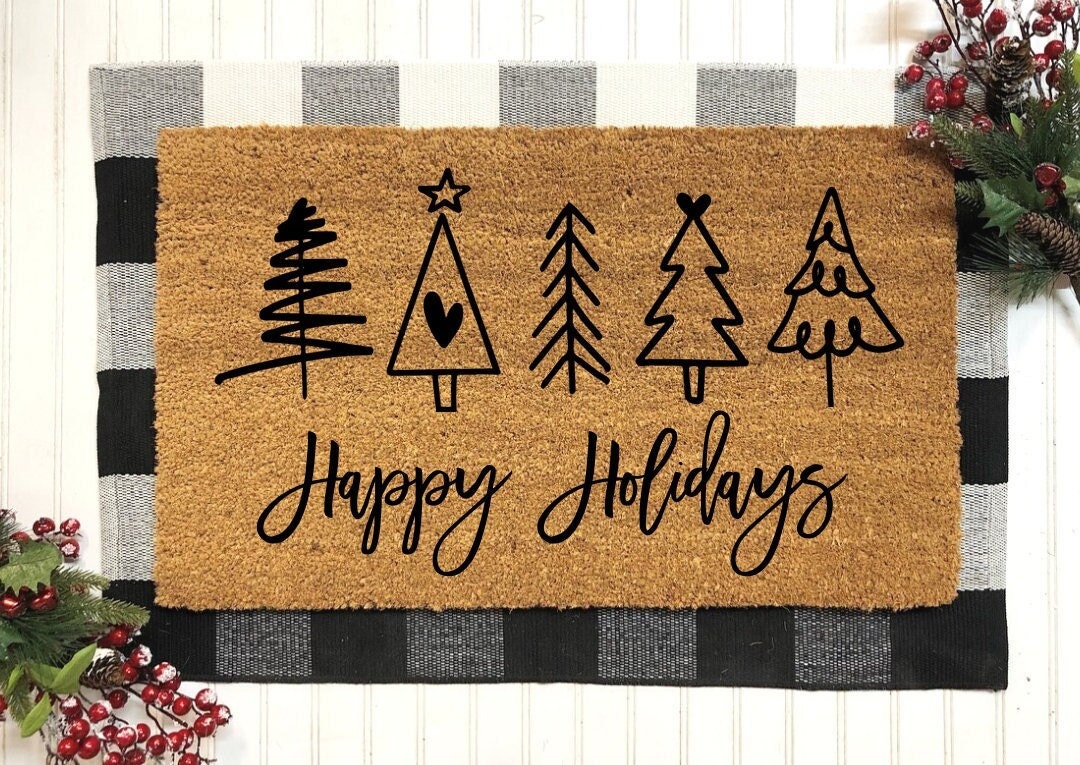 Happy Holidays Doormat | Christmas Tree Door Mat | Christmas Decor | Christmas Decoration | Christmas Gifts | Seasonal Decor |Christmas Tree
