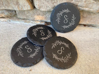 Set of 4 Slate Drink Coasters | Engraved Coasters | Custom Wedding Gift | Personalized Housewarming Gift Set | Monogram Stone Coasters