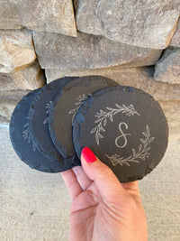 Set of 4 Slate Drink Coasters | Engraved Coasters | Custom Wedding Gift | Personalized Housewarming Gift Set | Monogram Stone Coasters