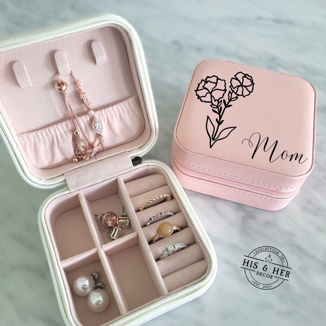 Personalized Mother’s Day Gift | Birth Month Flower Gift | Jewelry Travel Case | Gifts For Mom | Custom Jewelry Case | Custom Name Mom Gift
