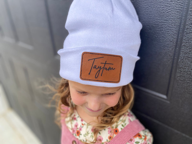 Personalized Kids Leather Patch Unisex Beanies | Personalized Gifts For Her | Kids Gift | Unisex Gift | Family Beanies | Kids Beanies