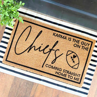 Karma Is The Guy On The Chief's Doormat | Swiftie Football | Chief's Era Door Mat | Funny Doormat | Swiftie Fan Merch | Football Welcome Mat