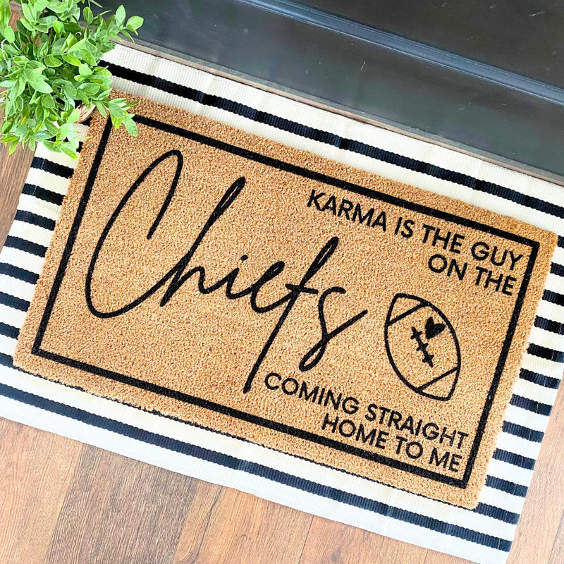 Karma Is The Guy On The Chief's Doormat | Swiftie Football | Chief's Era Door Mat | Funny Doormat | Swiftie Fan Merch | Football Welcome Mat